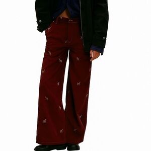 Free People Corduroy Wide Leg Embroidered Pants Deer Darlin Size 29 NWT